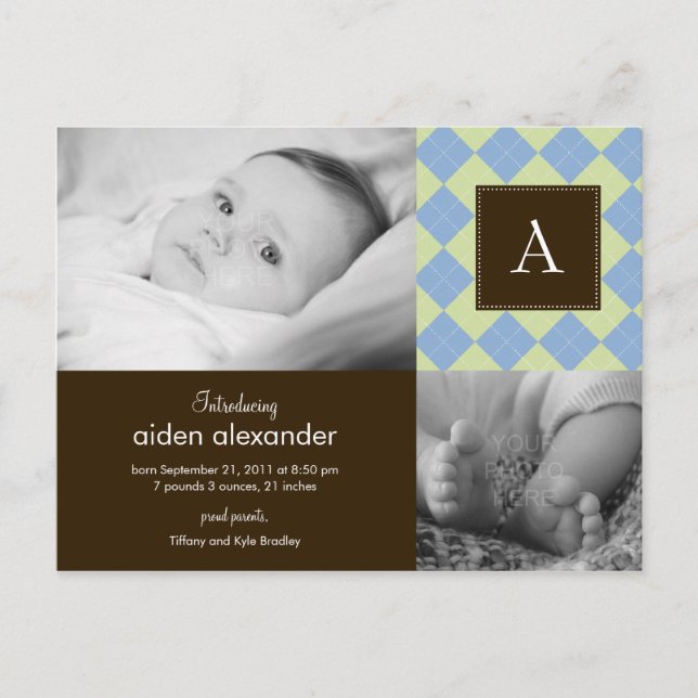 Chic Argyle Baby Boy Birth Announcement (Front)