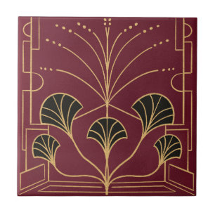 Chic Art deco cherry red fountain tile palms