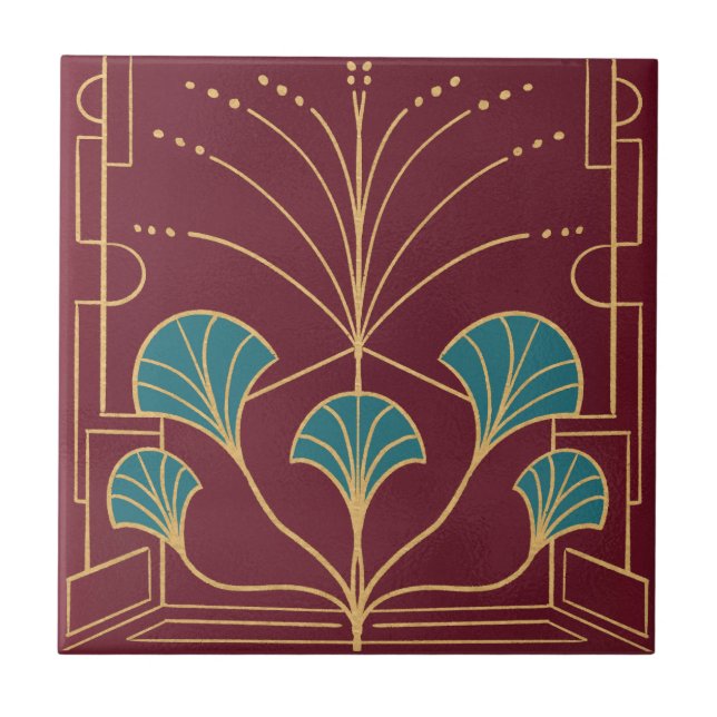 Chic Art deco cherry red fountain tile palms (Front)