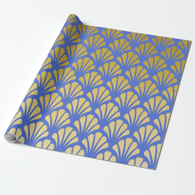 Chic Art Deco Fan Pattern Azure & Faux Gold Foil Wrapping Paper (Unrolled)