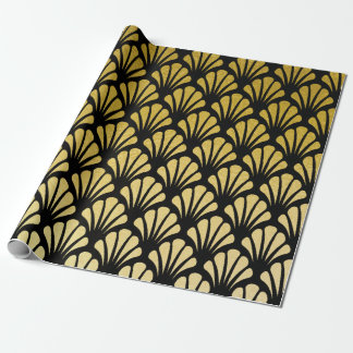 Chic Art Deco Fan Pattern Black & Faux Gold Foil Wrapping Paper