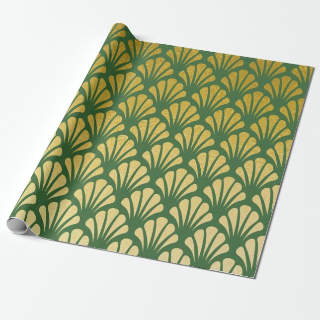 Chic Art Deco Fan Pattern Emerald & Faux Gold Foil Wrapping Paper (Unrolled)
