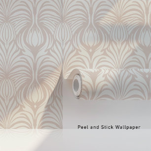 Chic Art Deco Floral Feather Pattern Soft Beige Wallpaper