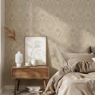 Chic Art Deco Floral Feather Pattern Soft Beige Wallpaper