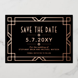 Chic Art Deco Save the Date Black Rose Gold Card
