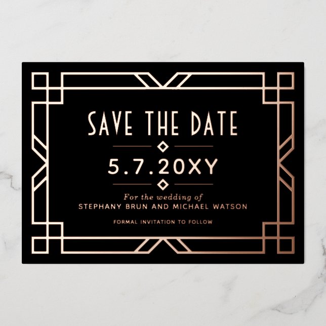 Chic Art Deco Save the Date Black Rose Gold Card (Front)
