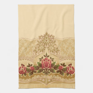 Chic Art Nouveau Gold and Red Floral Tea Towel