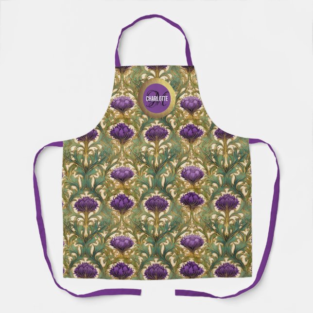 Chic art nouveau purple gold thistle monogram name apron (Front)