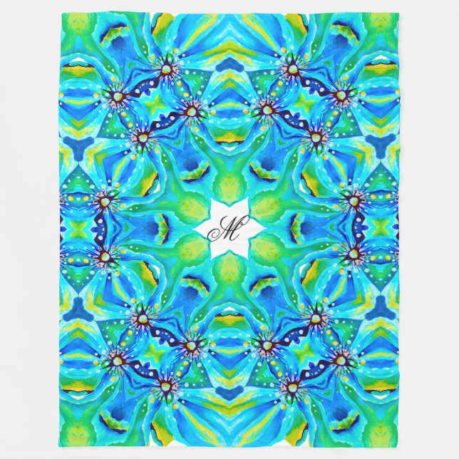 Chic Artistic Mandala Artwork in Aqua Colours Fleece Blanket (Front)