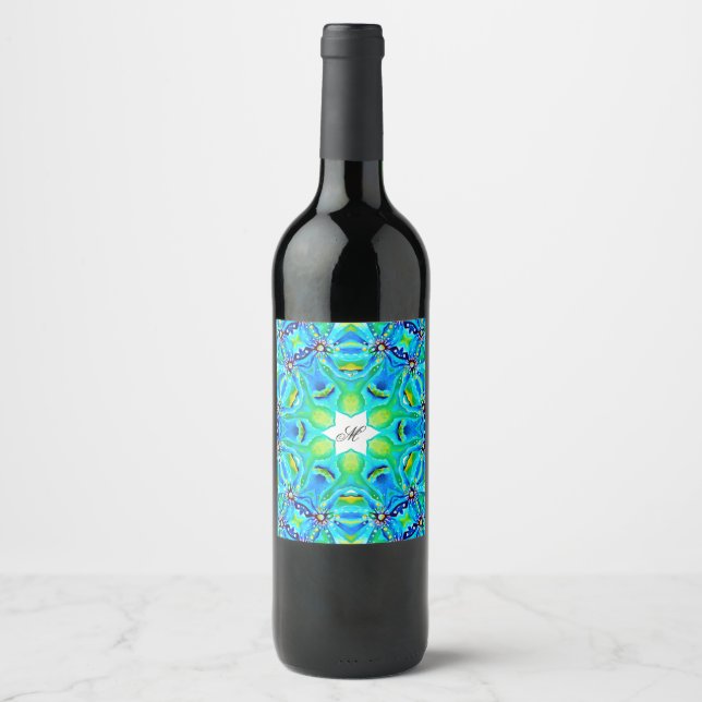 Chic Artistic Mandala Artwork in Aqua Colours Wine Label (Front)