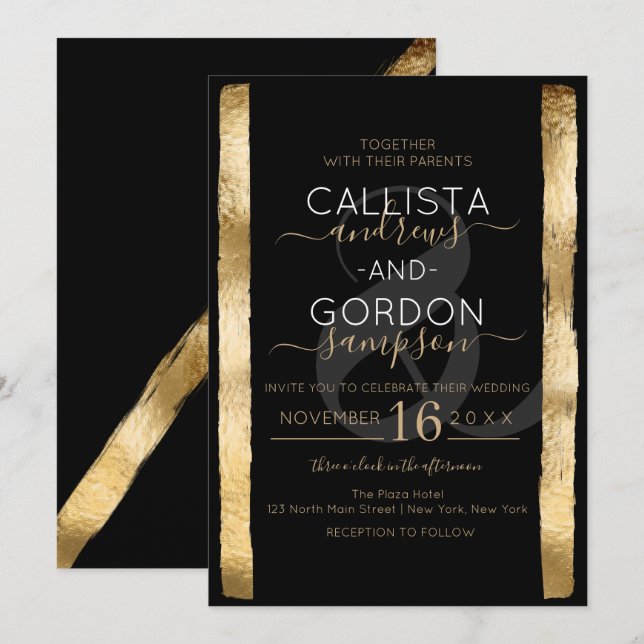 Chic Artsy Black Gold Brushstroke Frame Wedding Invitation (Front/Back)
