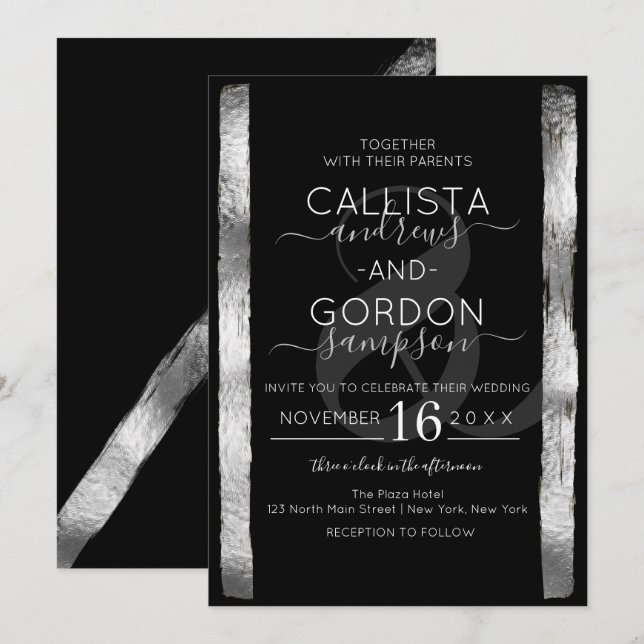 Chic Artsy Black Silver Brushstroke Frame Wedding Invitation (Front/Back)