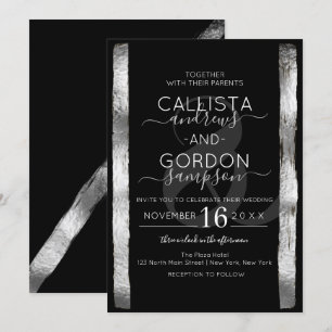Chic Artsy Black Silver Brushstroke Frame Wedding Invitation