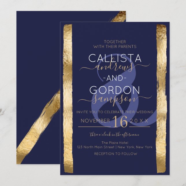 Chic Artsy Navy Gold Brushstroke Frame Wedding Invitation (Front/Back)