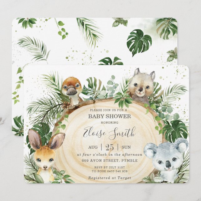 Chic Australian Animals Wood Greenery Baby Shower  Invitation (Front/Back)