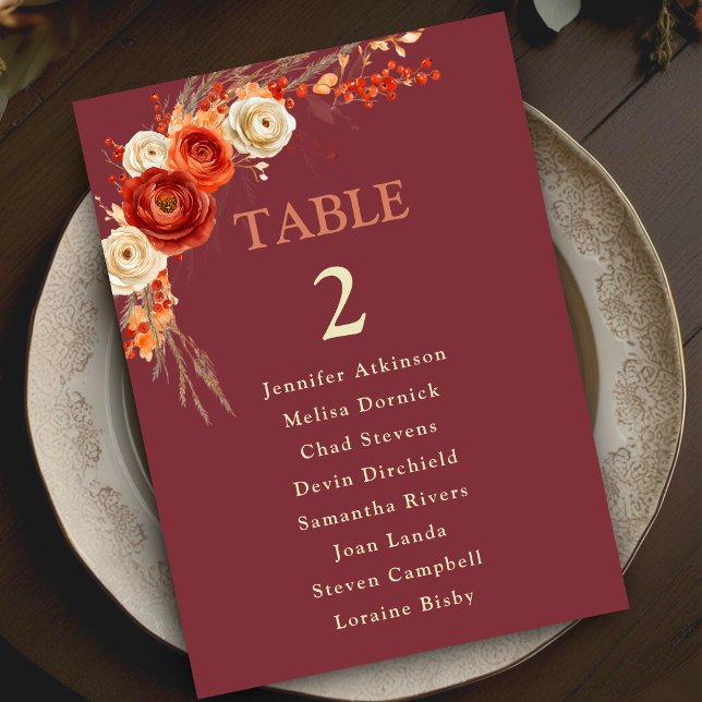 Chic Autumn Fall Floral Orange Wedding seating Table Number (Creator Uploaded)