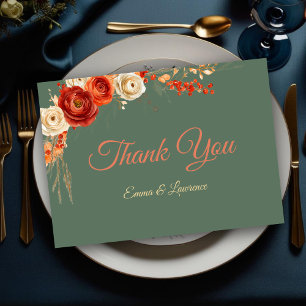 Chic Autumn Floral Orange terracotta sage Wedding  Thank You Card