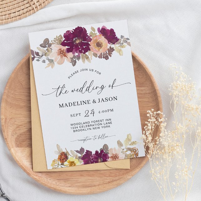 Chic Autumn Floral Watercolor Script Wedding Invitation (Creator Uploaded)