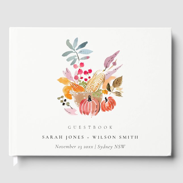 Chic Autumn Harvest Pumpkin Watercolor Wedding Guest Book (Front)
