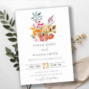 Chic Autumn Harvest Pumpkin Watercolor Wedding Invitation