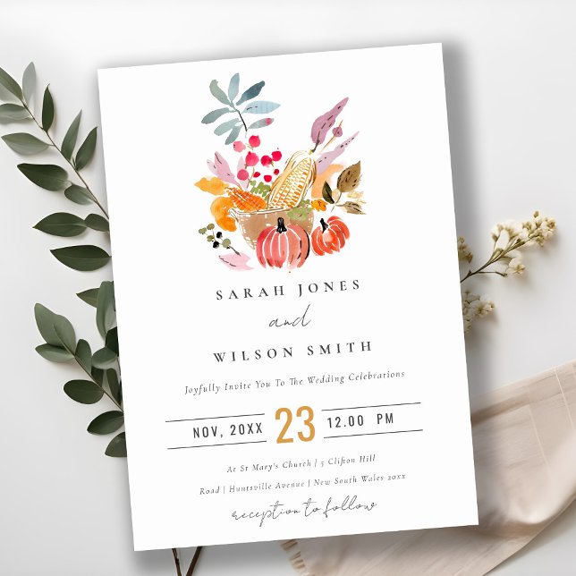 Chic Autumn Harvest Pumpkin Watercolor Wedding Invitation (Creator Uploaded)