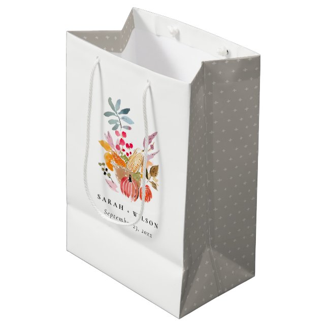 Chic Autumn Harvest Pumpkin Watercolor Wedding Medium Gift Bag (Front Angled)