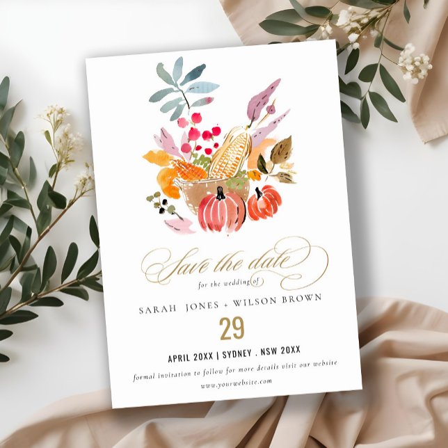 Chic Autumn Harvest Pumpkin Watercolor Wedding Save The Date (Creator Uploaded)
