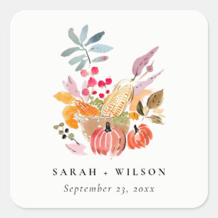 Chic Autumn Harvest Pumpkin Watercolor Wedding Square Sticker