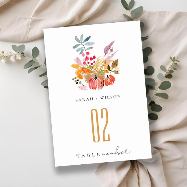 Chic Autumn Harvest Pumpkin Watercolor Wedding Table Number (Creator Uploaded)