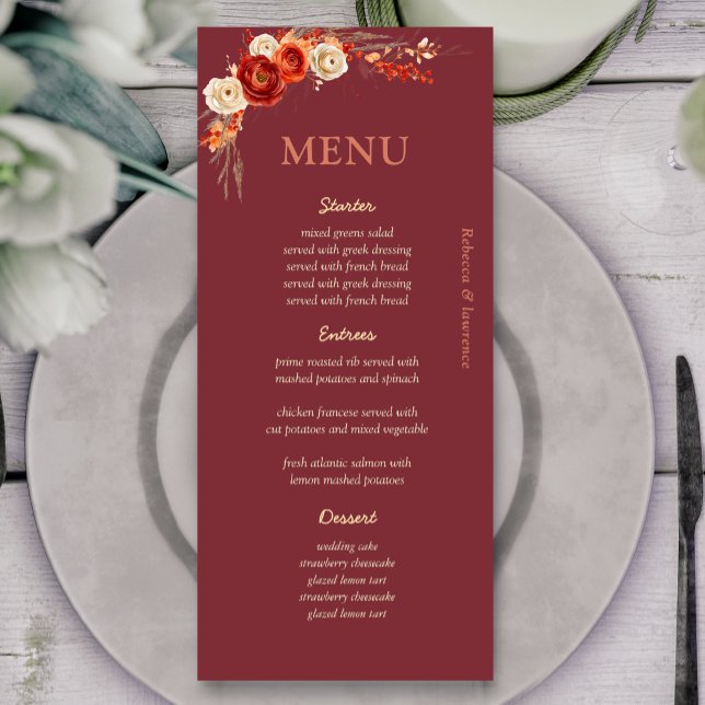 Chic autumn orange terracotta floral wedding menu (Creator Uploaded)