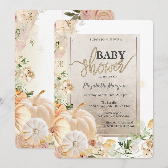 Chic Autumn Pumpkins Flowers Baby Shower  Invitation (Front/Back)