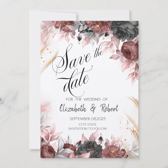 Chic Autumn Watercolor Flowers Save The Date (Front)