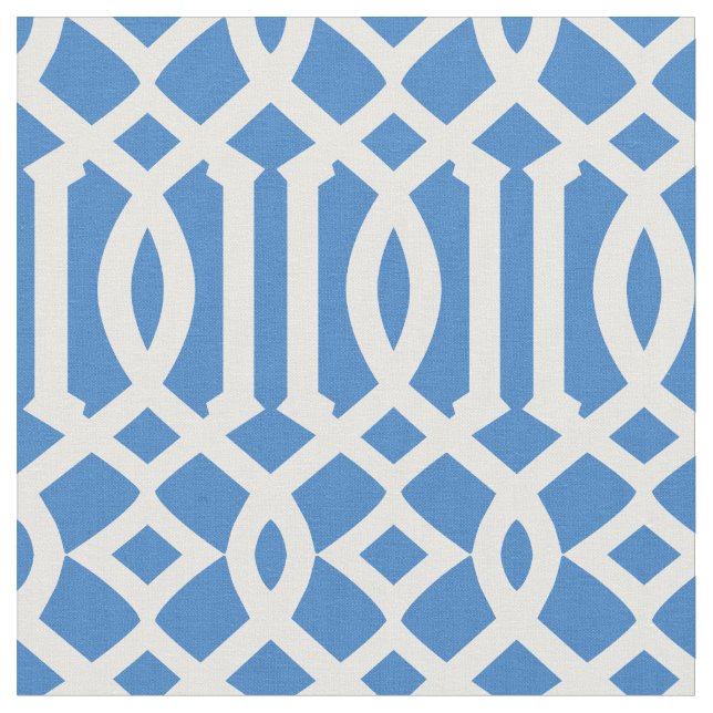 Chic Azure Blue and White Trellis Lattice Pattern Fabric (Close Up)