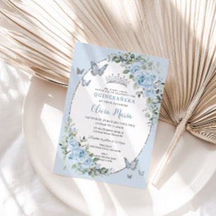 Chic Baby Blue Floral Butterflies Quinceañera Invitation