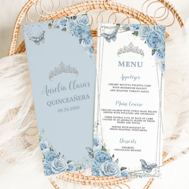 Chic Baby Blue Floral Butterflies Quinceañera Menu (Creator Uploaded)