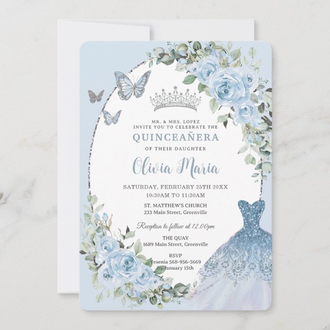 Chic Baby Blue Floral Dress Silver Quinceañera Invitation (Front)