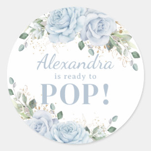 Chic Baby Blue Floral Gold Baby Boy Ready to Pop Classic Round Sticker