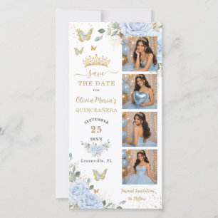 Chic Baby Blue Floral Gold Photo Booth Quinceanera Save The Date