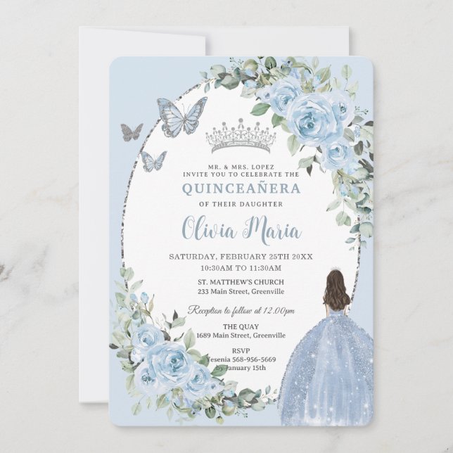 Chic Baby Blue Floral Princess Silver Quinceañera Invitation (Front)