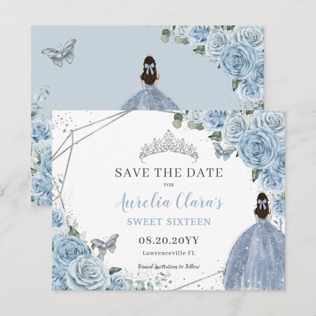 Chic Baby Blue Floral Quinceanera Sweet Sixteen Save The Date (Front/Back)