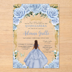 Chic Baby Blue Flowers Brown Princess Quinceañera Acrylic Invitations
