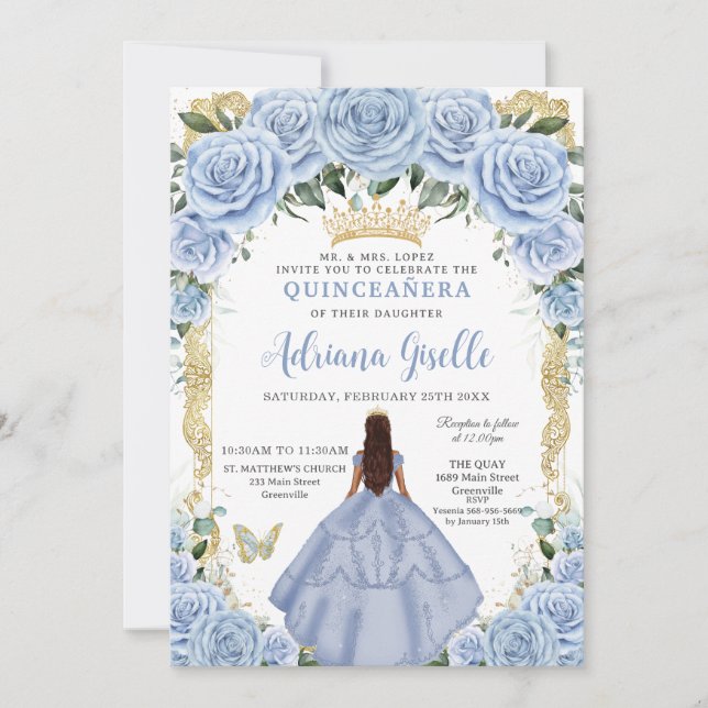 Chic Baby Blue Flowers Brown Princess Quinceañera Invitation (Front)