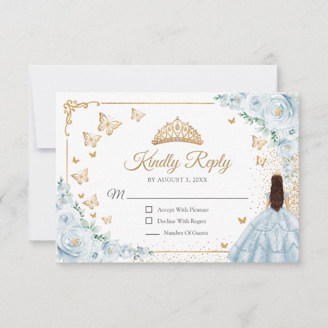Chic Baby Blue Roses Gold Quinceanera Reply RSVP Card (Front)