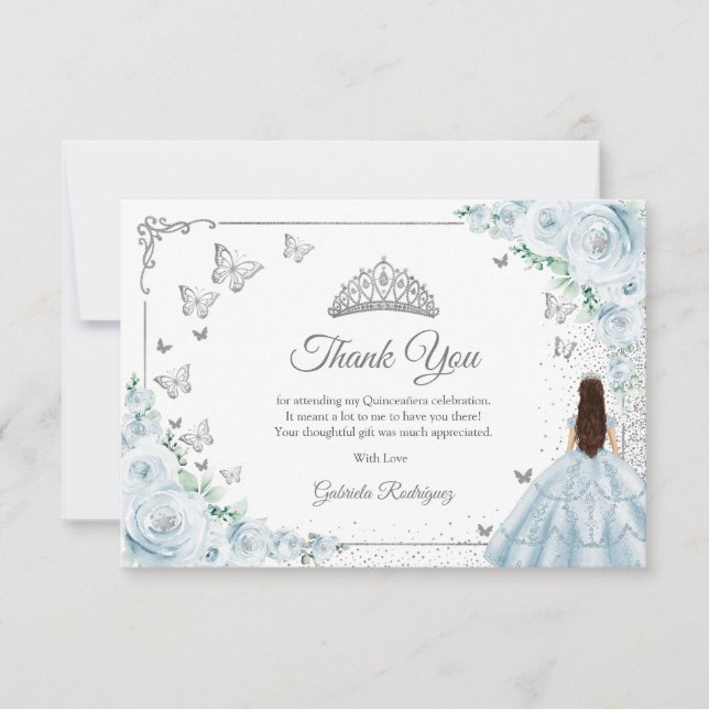 Chic Baby Blue Roses Silver Quinceanera Thank You Card (Front)