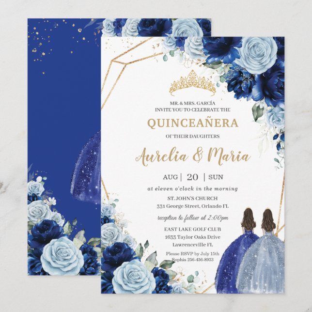 Chic Baby Blue Royal Blue Floral Twins Quinceañera Invitation (Front/Back)