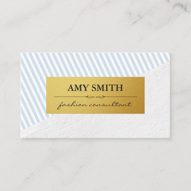 Chic Baby Blue White Stripes Faux Metallic Gold Business Card (Front)