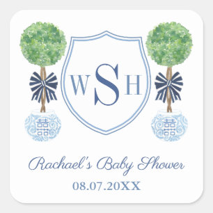 Chic Baby Boy Monogram Boxwood Baby Shower Favour Square Sticker