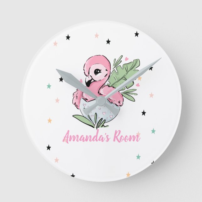 Chic Baby Flamingo, Stars, Princess   Round Clock (Front)
