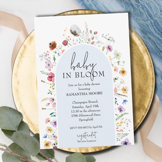 Chic Baby in Bloom Blue Boy Baby Shower Invitation (Baby in Bloom blue boy baby shower invitations, INSTANT DOWNLOAD and/or PRINTED)