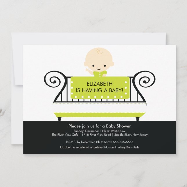 Chic BABY in Crib Baby Shower Invitation Green (Front)
